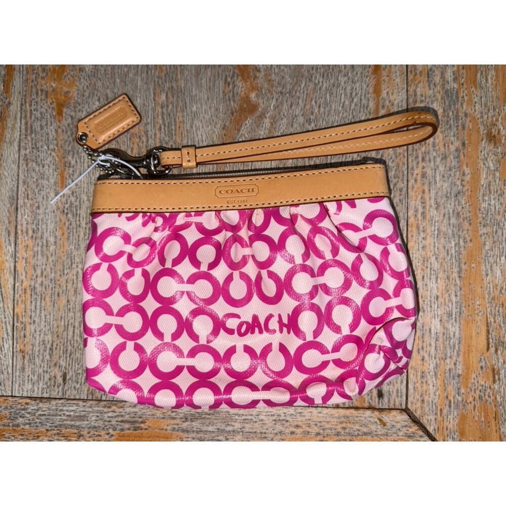 Coach Pink Wristlet Coated Canvas with Pink Monogram C Leather Trim And Tag